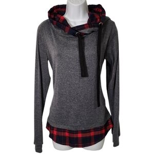 DJT Womens Medium Pullover Hooded Cowl Neck Sweatshirt Plaid Shirttail Gray Red
